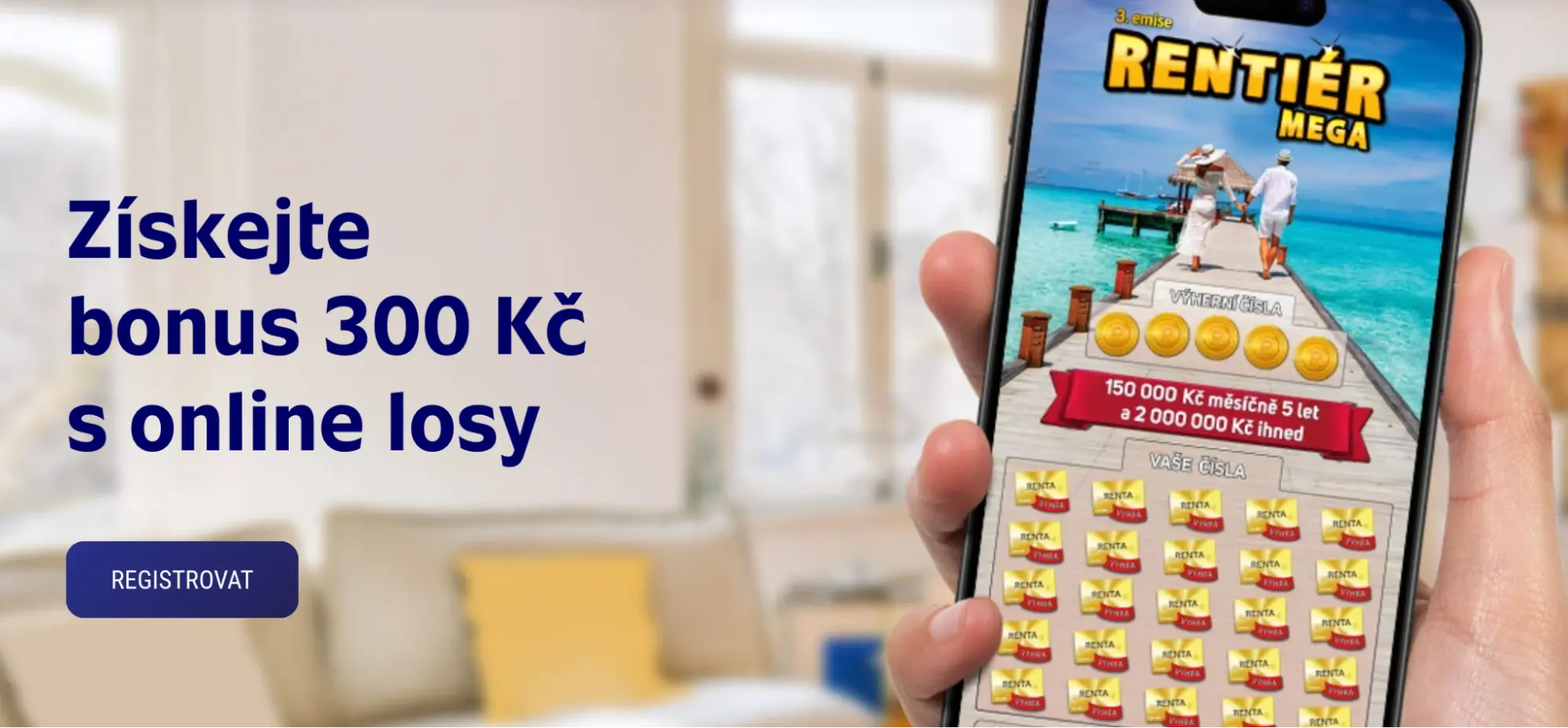 Získejte 300 Kč bonus k registraci a vyzkoušejte los Rentiér Mega Rentiér Mega online stírací los v ruce a nápis „Získejte bonus 300 Kč s online losy“